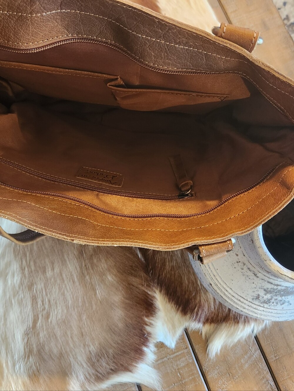 Hand-Painted Leather Fringe Tote Bag - Brown with Scenic Panel - Picture 5 of 5